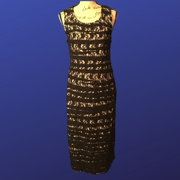 ALFANI Sleeveless Sheath Lace Illusion Dress, Round Neck, BLACK, Size 8, EUC